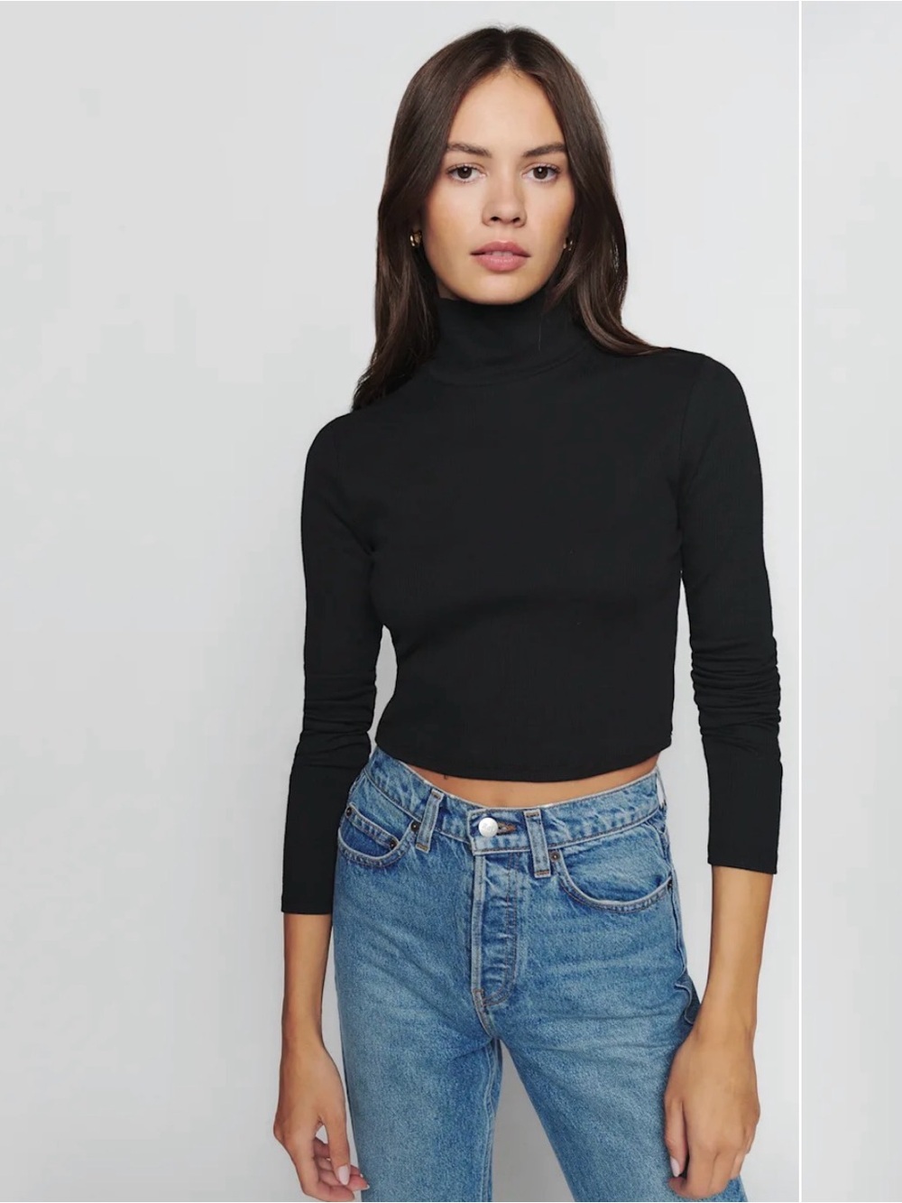 Reformation Davy Black Cropped Ribbed Turtleneck Top Size S